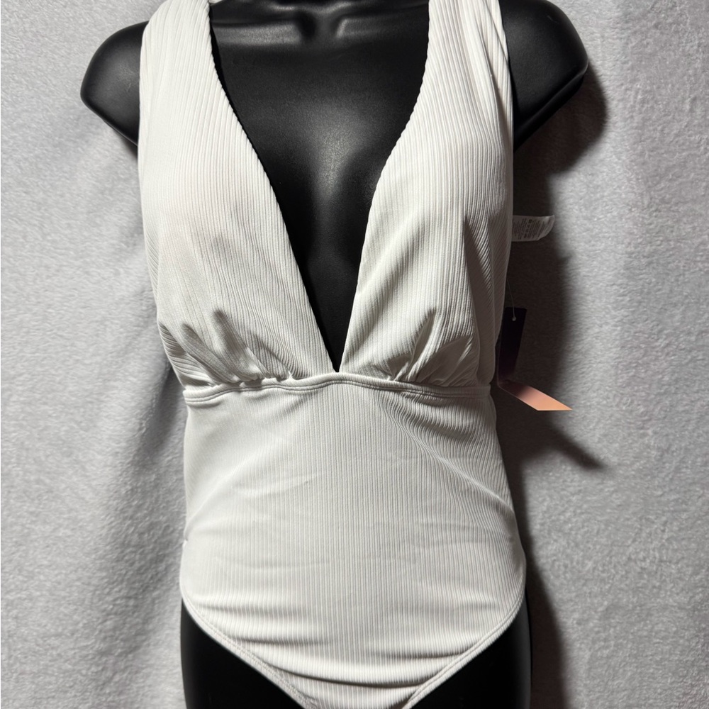 Women’s Deep V Ribbed White Bodysuit
